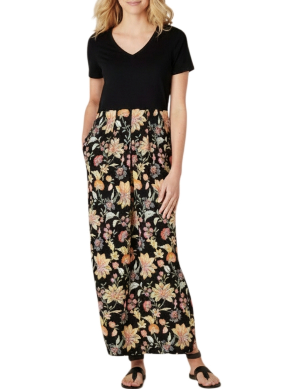 J. Jill Mixed Media Floral Maxi Dress Size XL Pockets Black Boho Cottagecore
